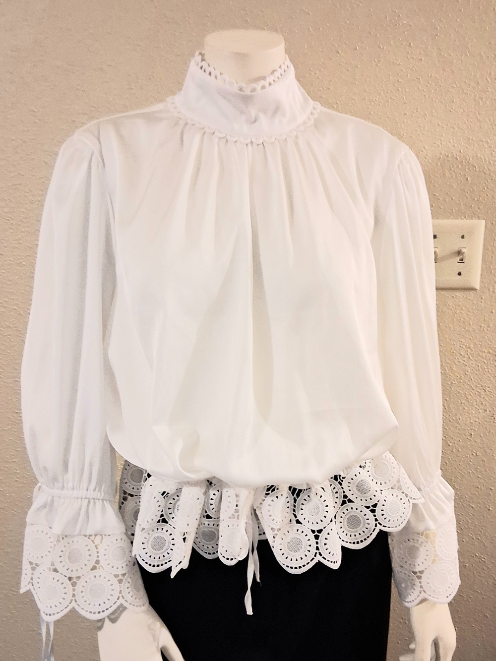 High-Neck White Lace-Hem Women's Blouse